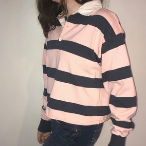 Abercrombie Pink and Navy Cropped Rugby Shirt